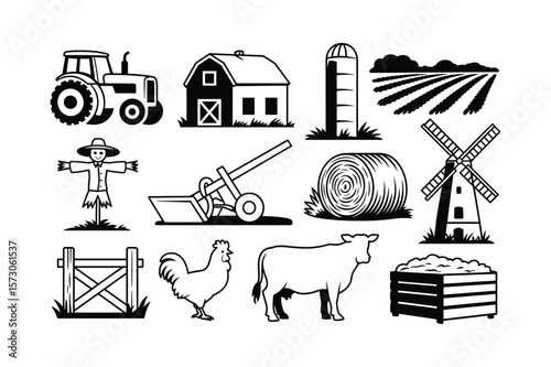 Farm life collection with tractor barn silo fields windmill scarecrow gate rooster cow hay bale and crate