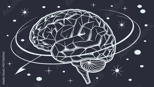 Stylized human brain with geometric patterns and orbiting lines against a dark starry background