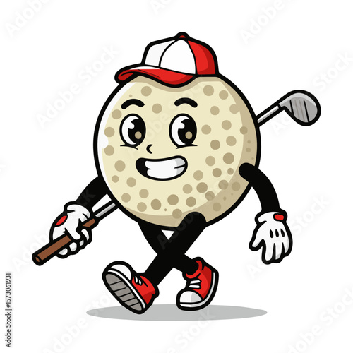 Golf Ball Character Mascot Holding a Club with Big Smile and Cap