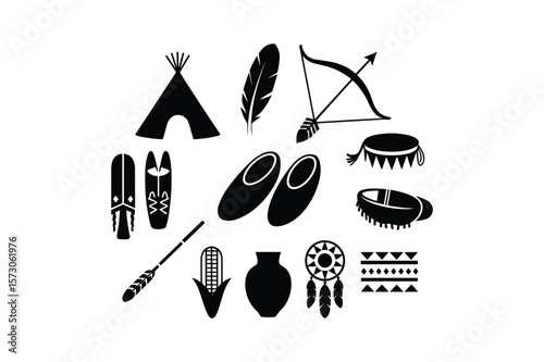 Native American cultural items including a teepee feather bow and arrow moccasins drum and dreamcatcher