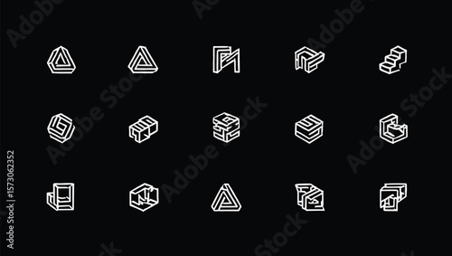 Collection of Twenty White Line Art Impossible Shapes on Black Background Geometric Optical