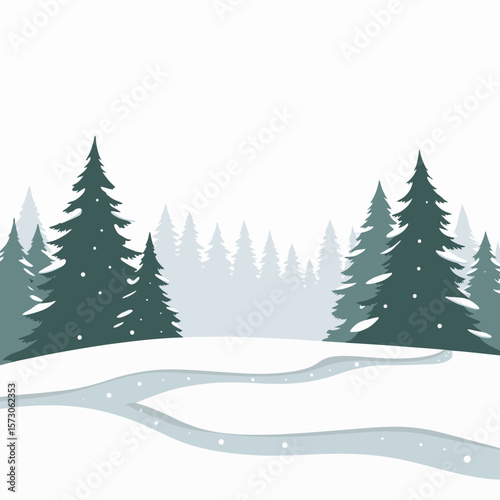 Winter landscape with snow-covered trees and winding river  