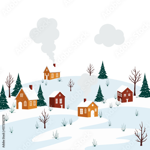 Winter village landscape with snow-covered houses and pine trees  