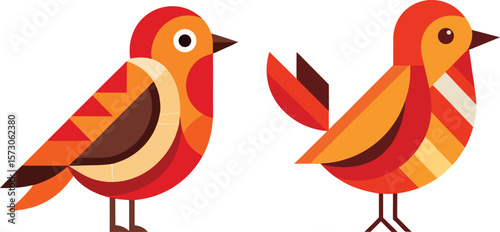 Two stylized birds in orange red and brown geometric shapes