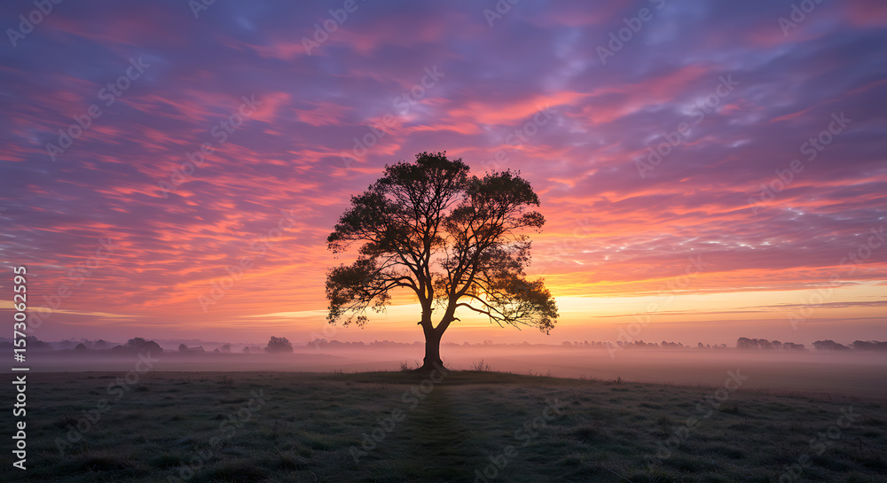 Lone tree standing in a misty field at sunrise or sunset, capturing a tranquil and atmospheric nature scene.
Lone tree standing in a misty field at sunrise or sunset, capturing a tranquil and atmospheric nature scene.