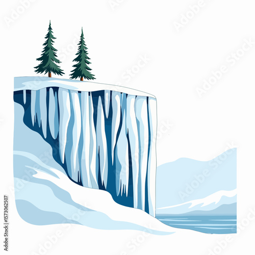 Snow-covered cliff with evergreen trees and icy landscape background  