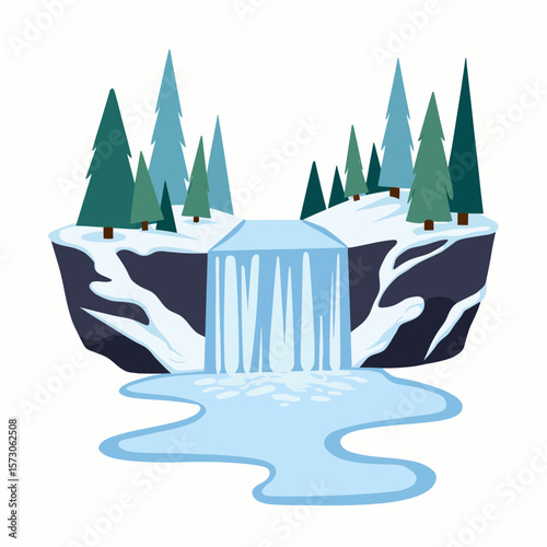 Snowy waterfall surrounded by evergreen trees in winter landscape  