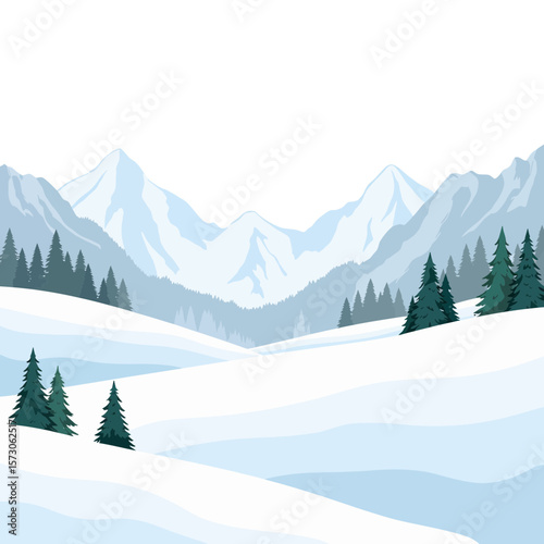 Snowy mountains landscape with evergreen trees and clear sky  