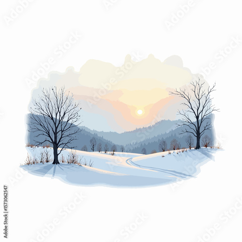 Winter landscape with snow-covered hills and sunset over mountains  