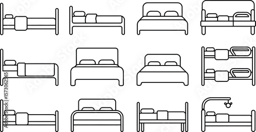 Vector illustration:  Modern minimalist bed icons set, various styles.