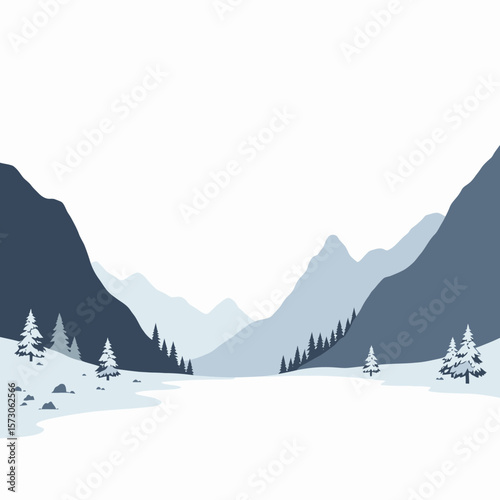 Serene winter landscape with mountains and evergreen trees  