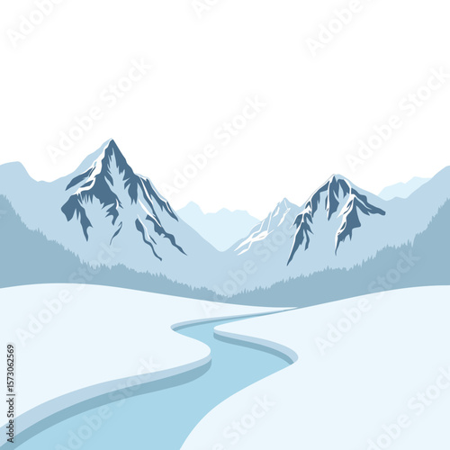 Snowy mountain landscape with river winding through valley  