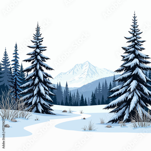 Winter landscape with snow-covered pine trees and mountains  