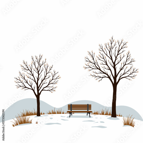 Winter landscape with bare trees and bench in snowy scenery  