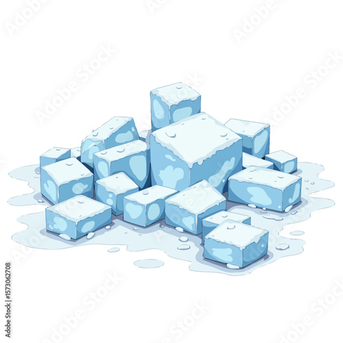 Ice cubes melting on white background with water droplets  