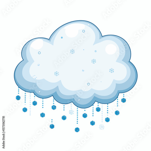 Cartoon cloud with blue raindrops and snowflakes illustration  