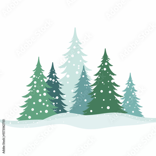 Snowy evergreen trees in winter landscape with white background  
