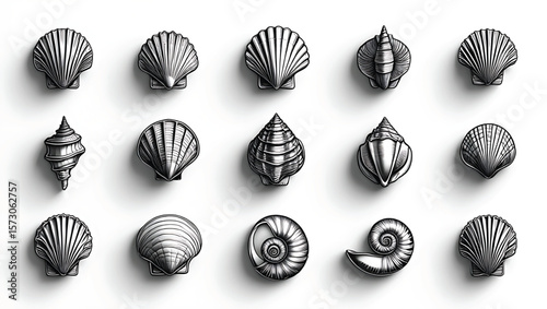 Collection of Detailed Black and White Seashells Various Types Top View Isolated on White Background