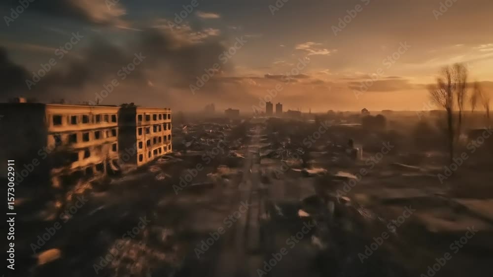 Desolate urban landscape at sunset, showcasing abandoned buildings and a somber atmosphere