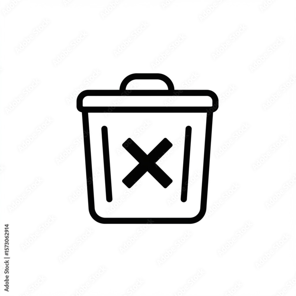 Simple black outline icon of a trash can with a cross symbol inside Simple black outline icon of a trash can with a cross symbol inside