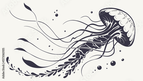Elegant jellyfish with flowing tentacles and decorative bubbles in a monochrome design style