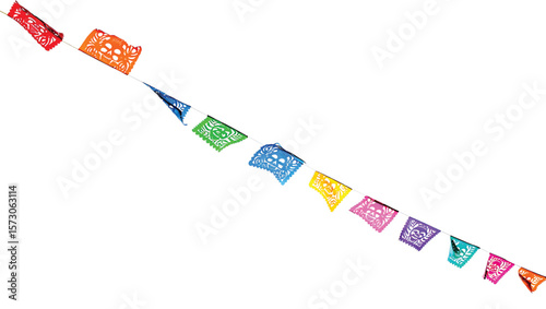 Colorful Papel Picado Banner with Skull Motifs Hanging Against White Background Dia de los