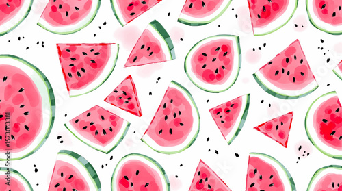 Watercolor pattern watermelon on white background	