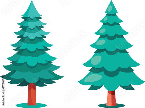 Two stylized pine evergreen trees isolated on white background simple design for kids