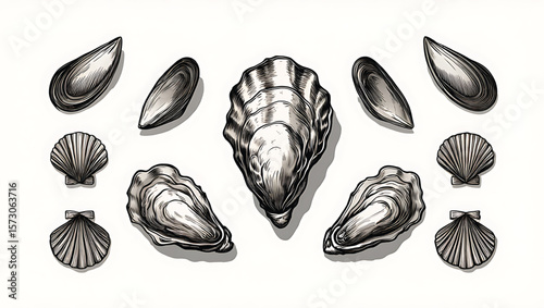 Detailed Black and White Illustration of Oysters Mussels and Scallops Seafood Graphic Design