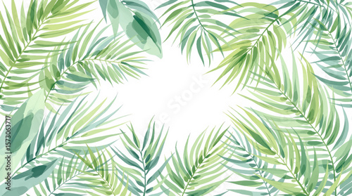 Delicate tropical leaves illustrated in watercolor style against a white background