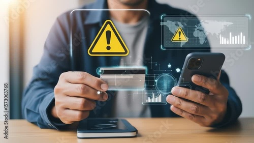 Man uses credit card banking and smartphone for online payment, facing digital fraud alert and cybersecurity threat, highlighting phishing and financial transaction vulnerability.