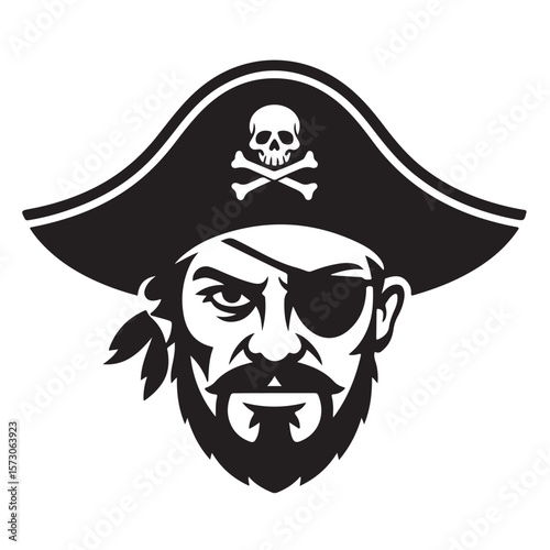 Retro cartoon pirate skull with a black hat and red mustache