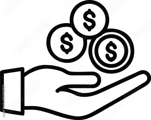 Outline vector icon of a hand holding multiple coins symbolizing finance and wealth