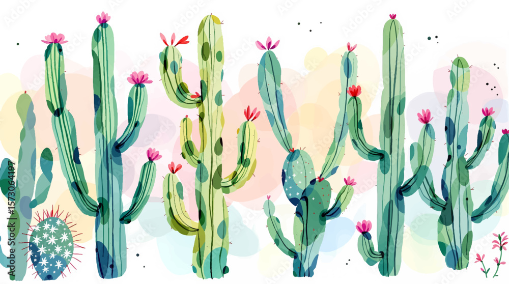 Seamless pattern watercolor cacti