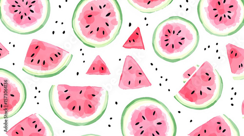 Cute watercolor watermelon slices seamless pattern on white background, tropical, card