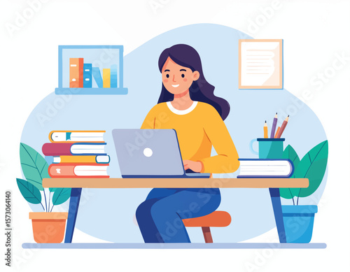 Illustration A woman working at a desk with a laptop books plants and stationery in a bright stylized setting