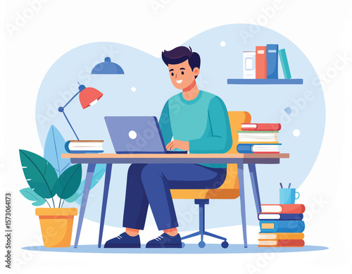 Cartoon illustration of a person working on a laptop at a desk in a home office