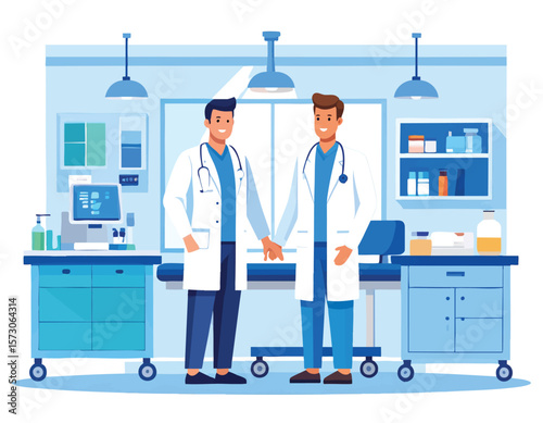Two smiling doctors wearing white coats  stethoscopes stand holding hands in a bluetoned medical examination room