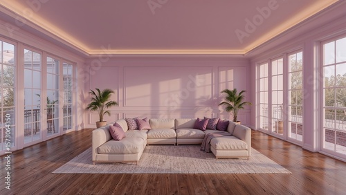 Spacious living room with soft purple background