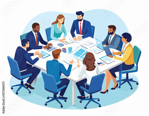 A business meeting of eight diverse professionals around a square table with documents laptops and calculators