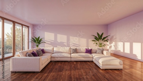 Spacious living room with soft purple background