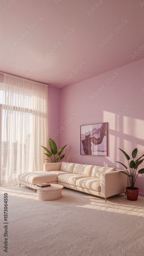 Fototapeta premium Spacious living room with soft purple background