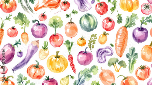 Watercolor vegetables pattern on white background