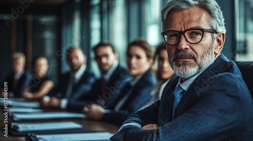 Confident senior executive leading a business meeting with his diverse team in a modern office setting