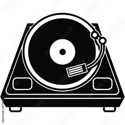 A striking record player with vinyl on the platter is displayed in black and white