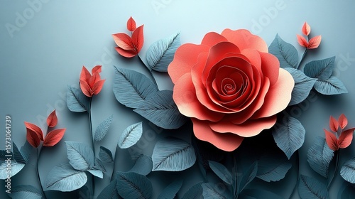 Intricate papercut rose design isolated on flat gray background showcasing detailed craftsmanship elegant floral pattern minimalist aesthetic and perfect for romantic nature or decorative themes