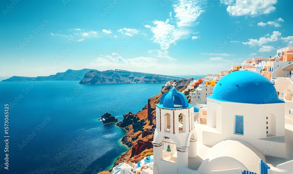 Fototapeta premium Aerial view of Santorini's whitewashed rooftops and blue domes overlooking the turquoise sea