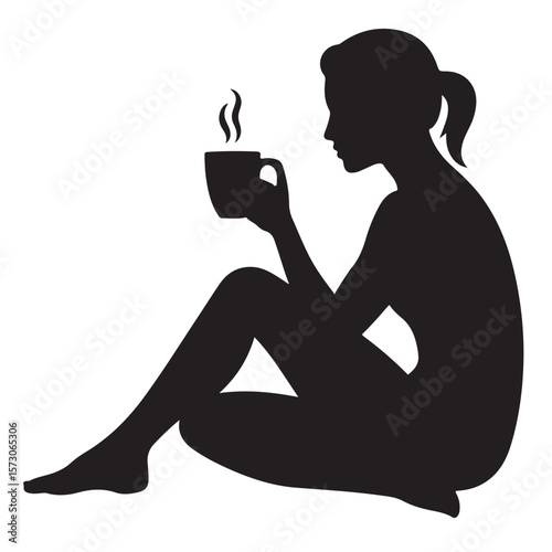 Silhouette of a pregnant woman drinking tea, a beautiful black vector illustration of her body in profile