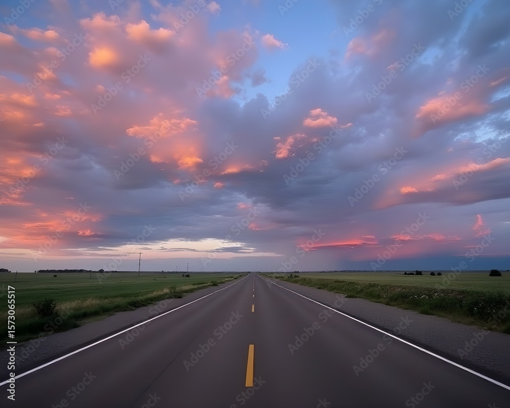 Naklejka premium A long, empty road stretches ahead under a vibrant, colorful sky at dusk.