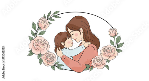 A tender embrace of a mother and child surrounded by delicate floral blossoms a symbol of love and nurturing care